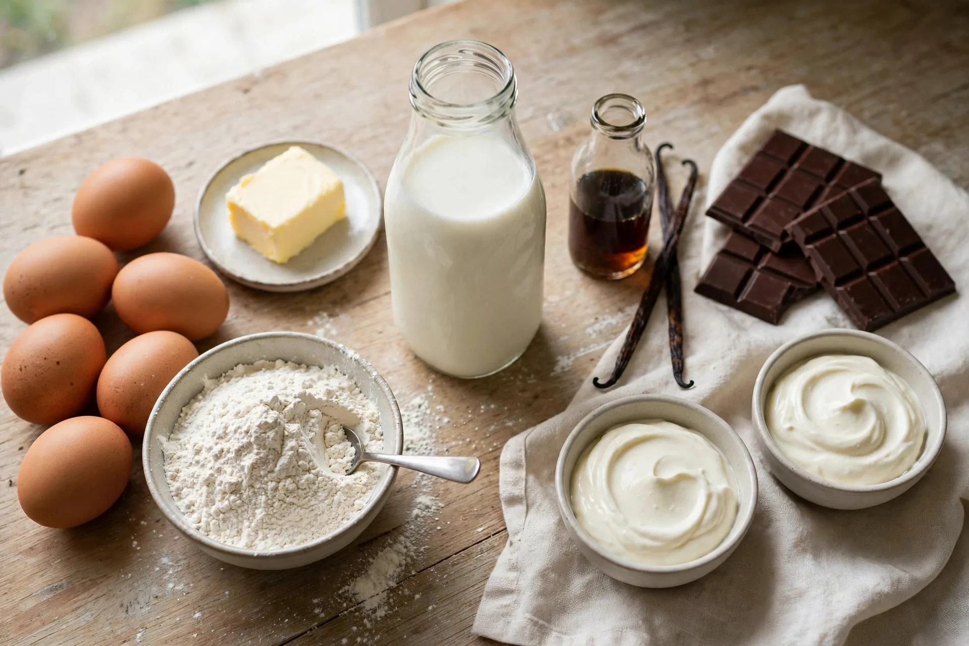 Ingredients for eclairs including eggs, flour, butter, milk, vanilla, chocolate, and cream in bowls
