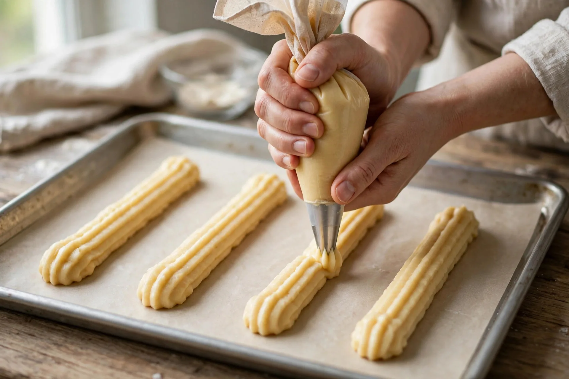 Hands piping choux pastry dough into long eclair shapes on a parchment-lined baking sheet