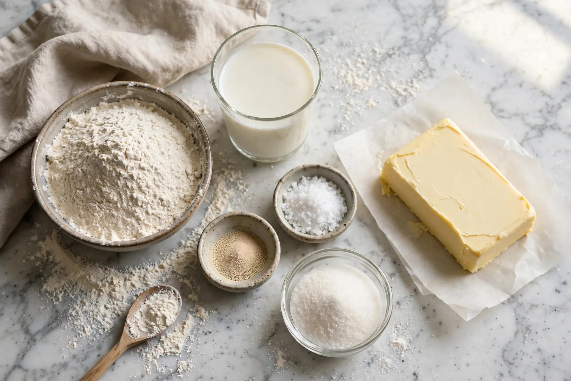 Bowl of flour, glass of milk, sugar, yeast, salt, and a slab of European butter on a marble counter