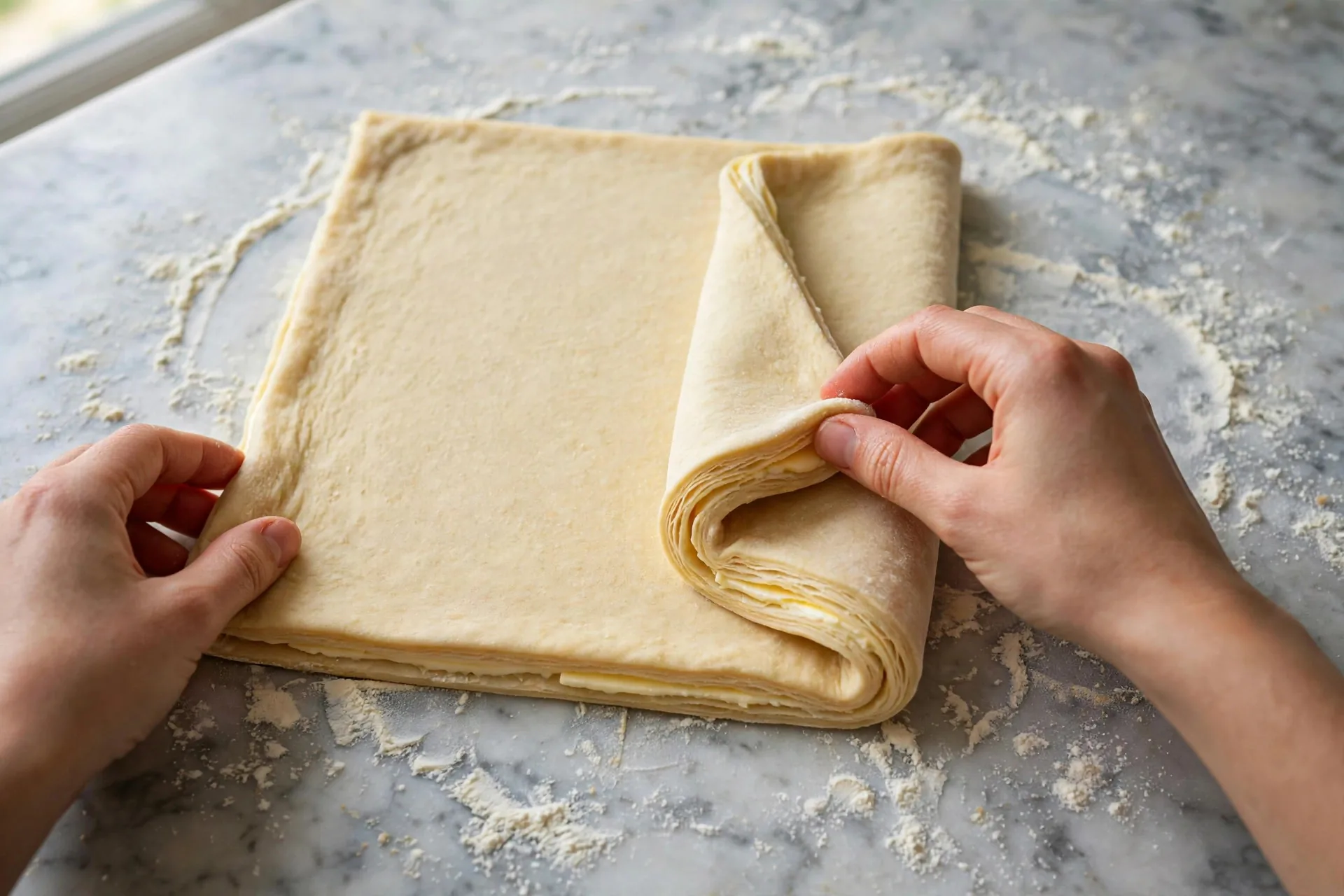 Hands folding a thin rectangle of laminated croissant dough into thirds on a floured marble surface