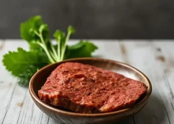 A wooden bowl holds a slice of uncooked, seasoned plant-based meat. Fresh green herbs are placed on the rustic wooden surface in the background, perfect for those exploring free carnivore diet recipes with a modern twist.