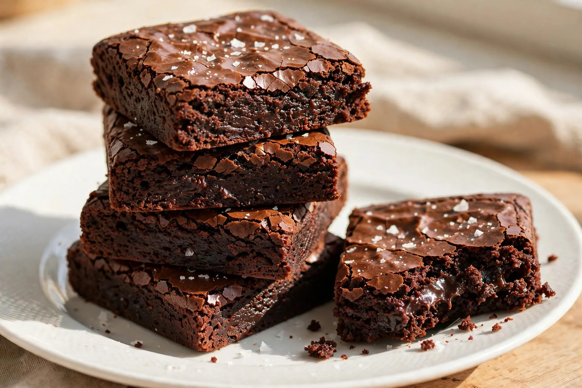 Stack of fudgy brownies with flaky sea salt on a white plate