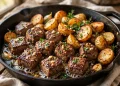 Garlic butter steak bites and crispy baby potatoes in a cast iron skillet with parsley