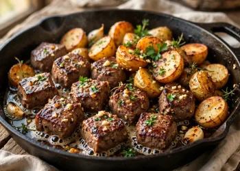 Garlic butter steak bites and crispy baby potatoes in a cast iron skillet with parsley