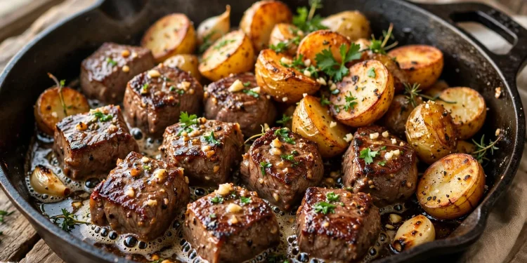 Garlic butter steak bites and crispy baby potatoes in a cast iron skillet with parsley