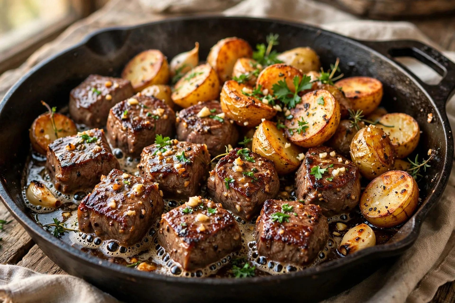 Garlic butter steak bites and crispy baby potatoes in a cast iron skillet with parsley