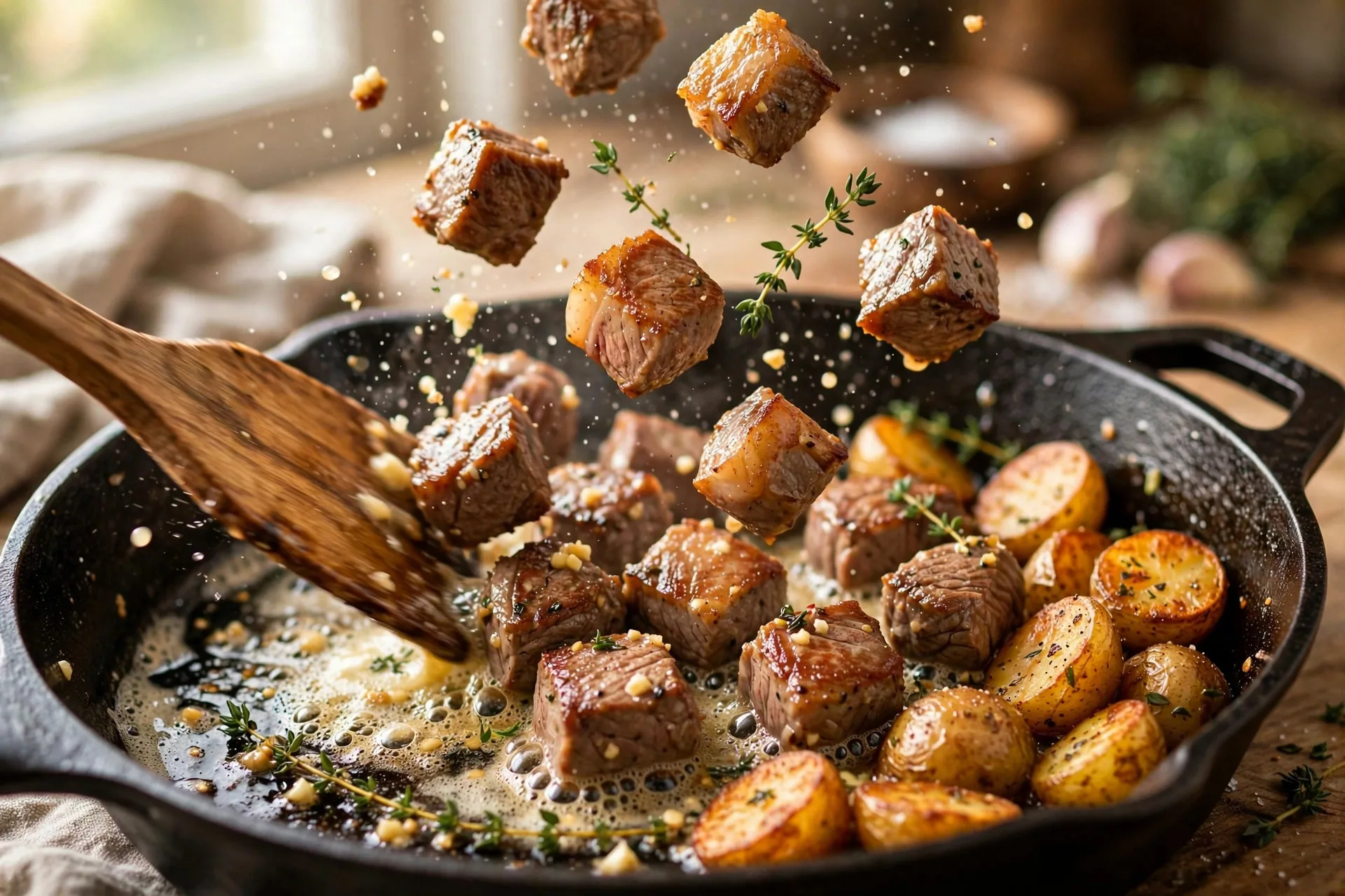 Steak bites being tossed with melting garlic butter in a cast iron skillet