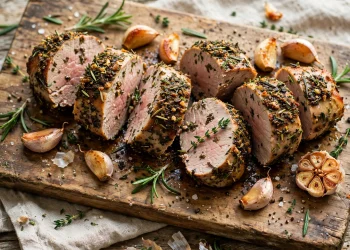 Sliced garlic herb pork tenderloin with rosemary on a wooden cutting board