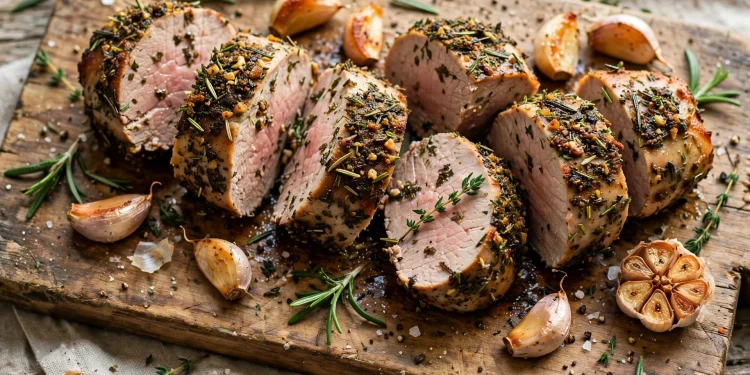 Sliced garlic herb pork tenderloin with rosemary on a wooden cutting board