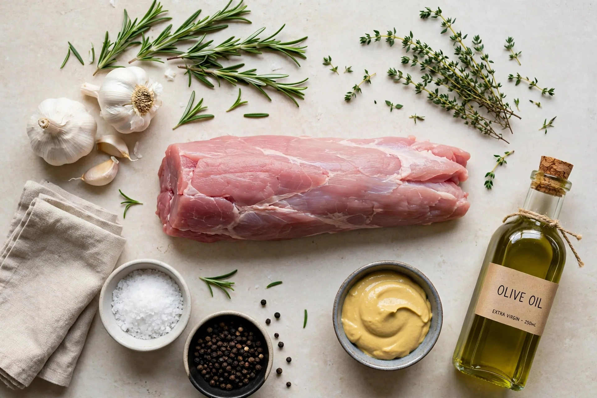 Raw pork tenderloin with rosemary, thyme, garlic, Dijon mustard and olive oil