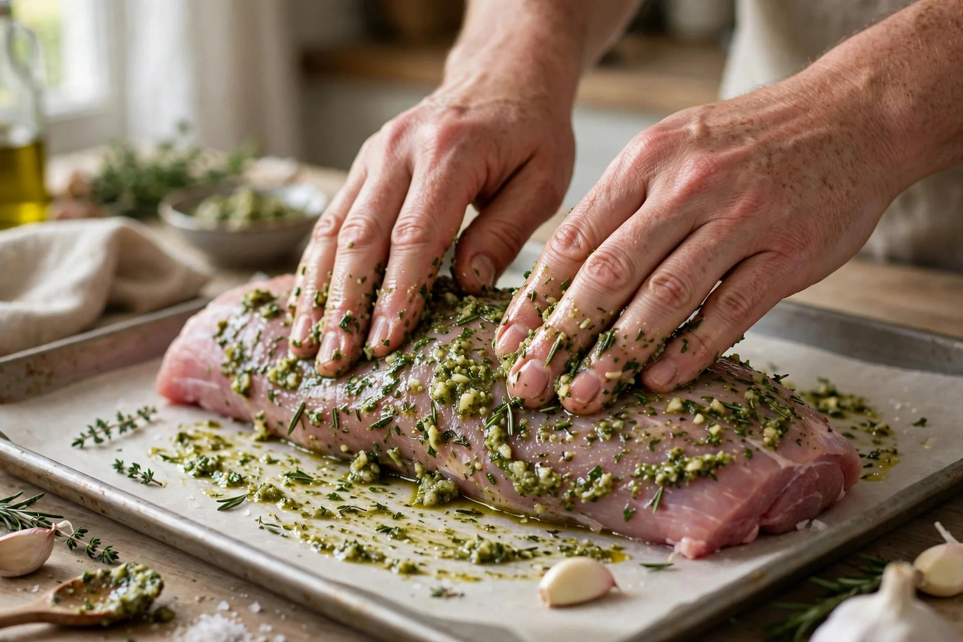 Hands rubbing garlic-herb paste onto a raw pork tenderloin