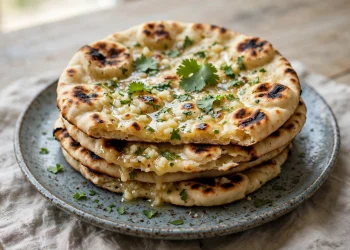 A stack of homemade garlic naan with charred spots, brushed with garlic butter and sprinkled with fresh cilantro