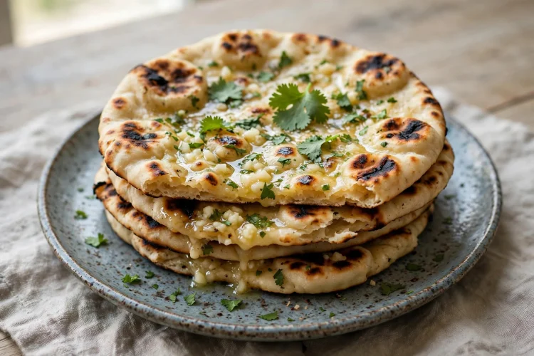 A stack of homemade garlic naan with charred spots, brushed with garlic butter and sprinkled with fresh cilantro