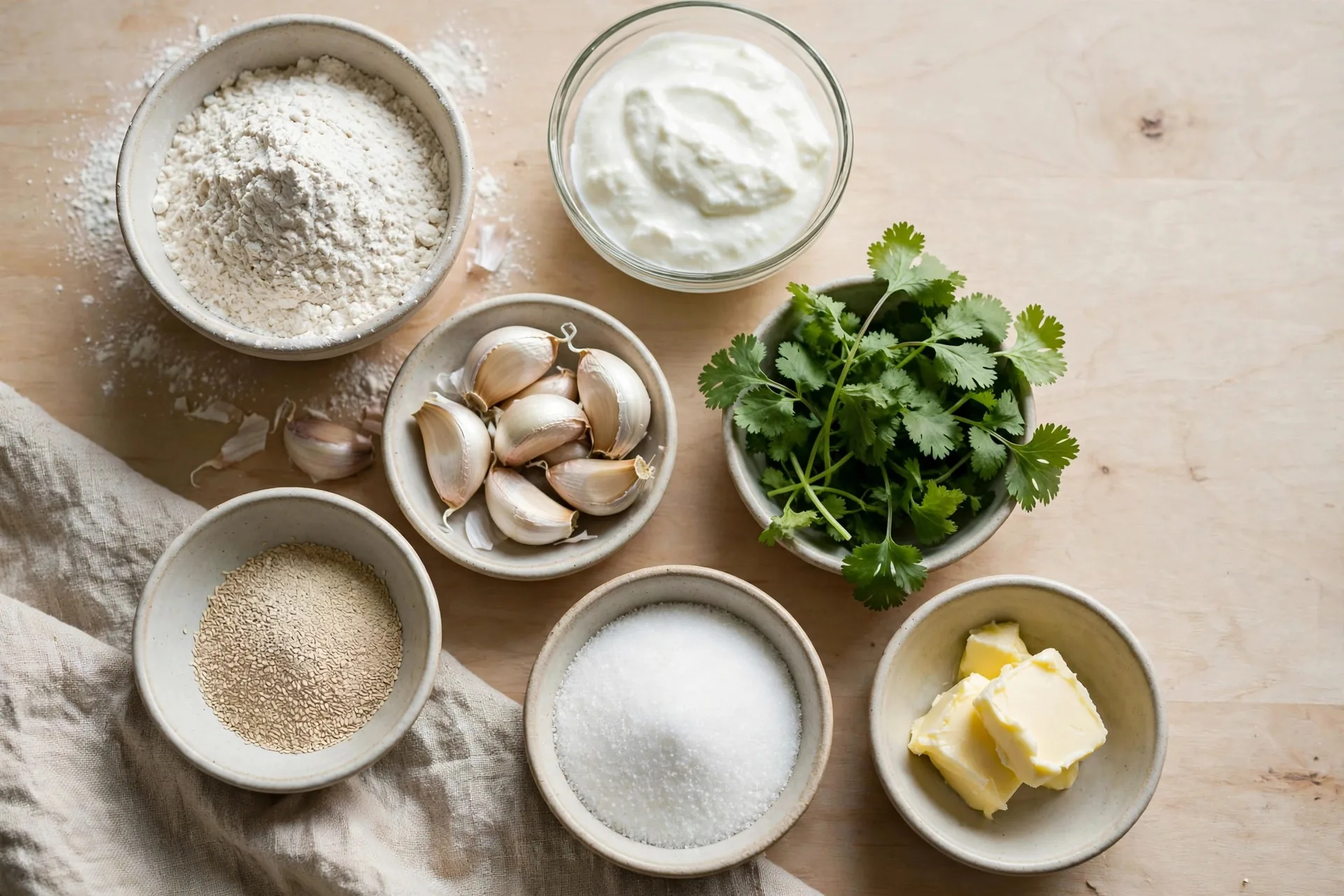 Garlic naan ingredients laid out mise en place: flour, plain yogurt, garlic cloves, fresh cilantro, butter, sugar, and yeast