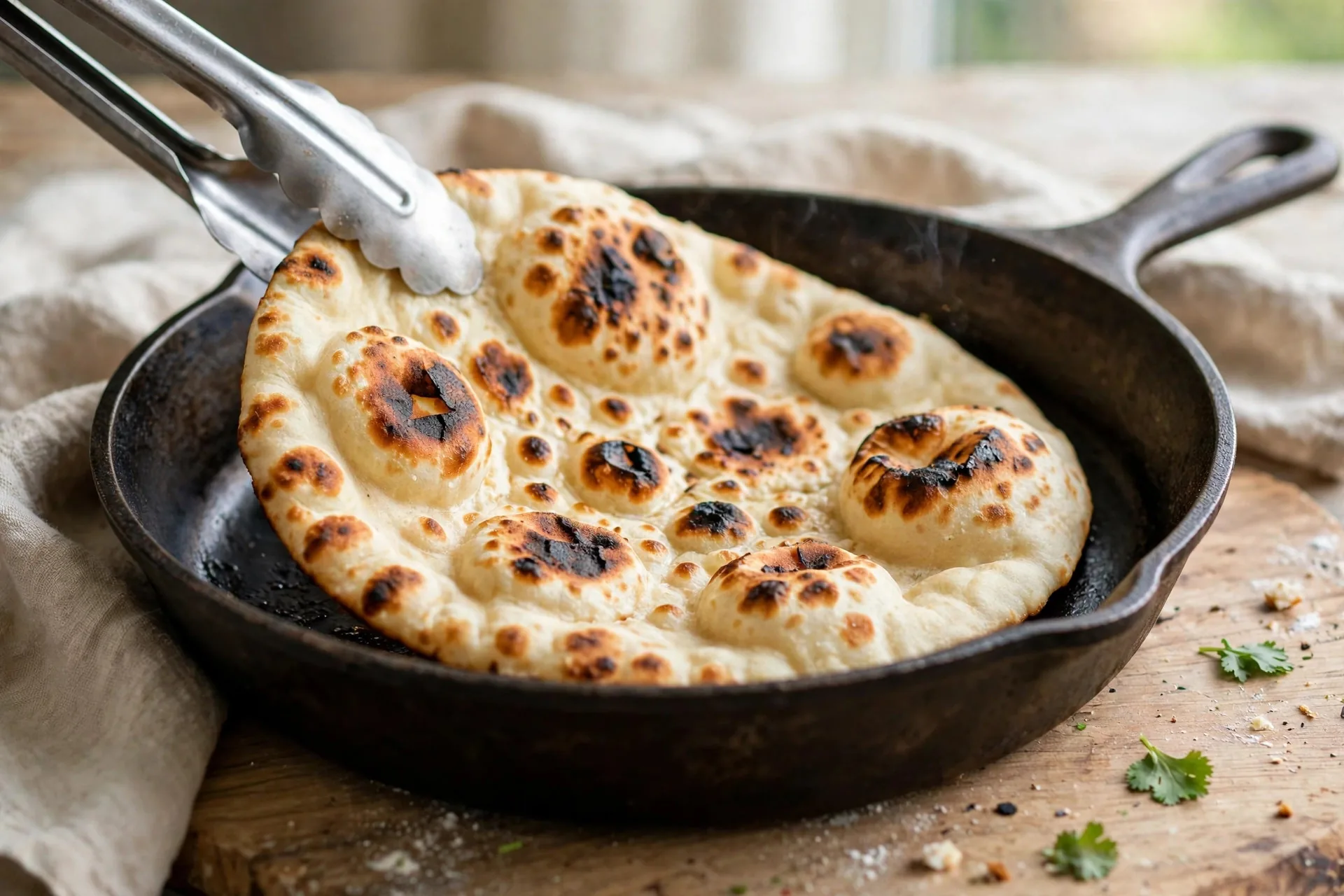 A puffy naan flatbread cooking in a hot cast-iron skillet with golden charred blisters forming on the surface