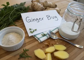 Fresh ginger root, sliced ginger, a jar of sugar, powdered ginger, herbs, and a spoon arranged on a wooden surface with a card labeled Ginger Bug—perfect ingredients for trying your own ginger bug recipe.