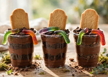 Halloween graveyard dirt cups with cookie tombstones and gummy worms in clear cups