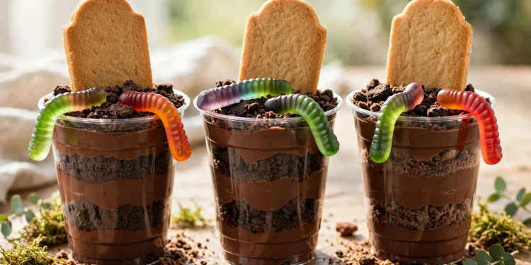 Halloween graveyard dirt cups with cookie tombstones and gummy worms in clear cups