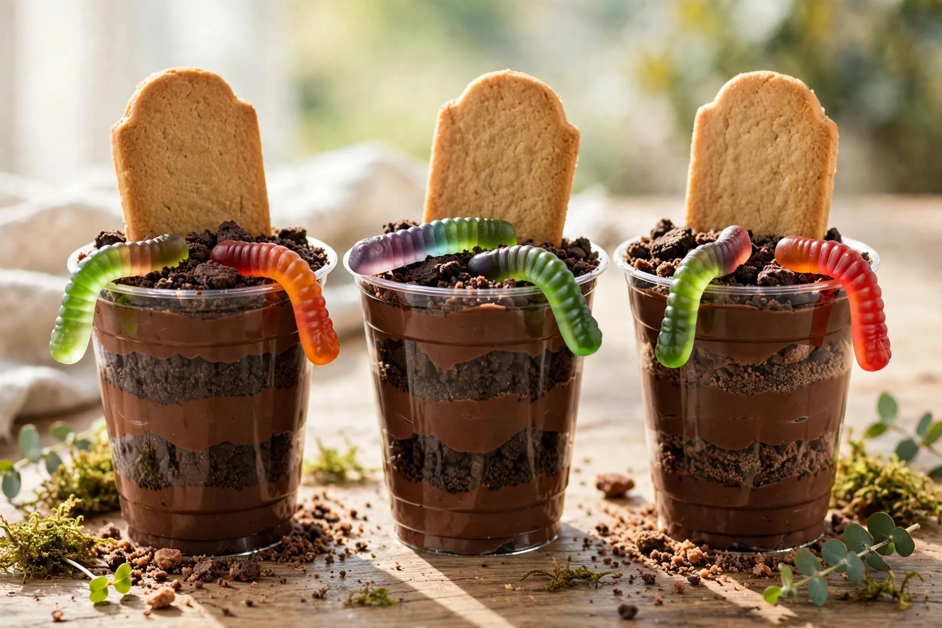 Graveyard dirt cups with cookie tombstones and gummy worms in clear cups