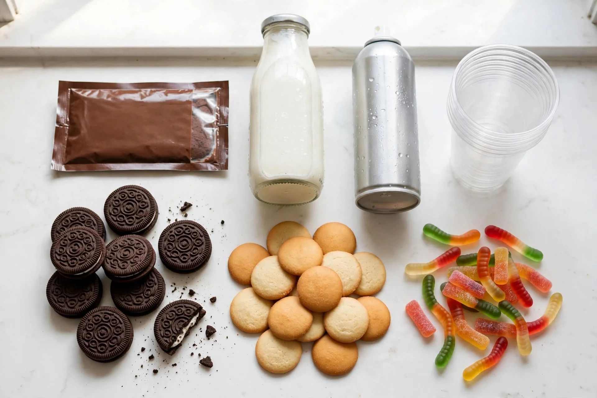 Ingredients for graveyard dirt cups laid out on a white kitchen counter