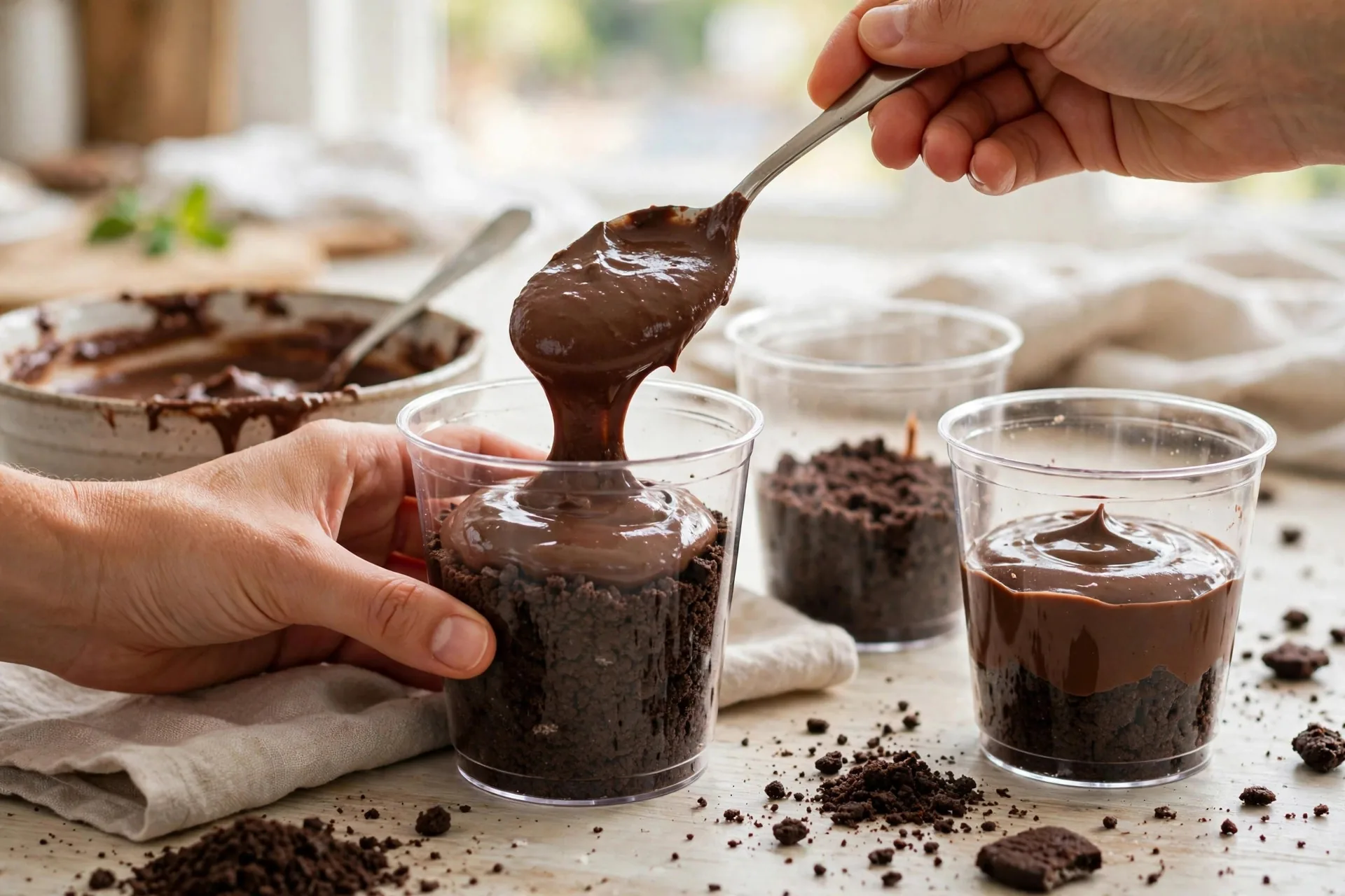 Spooning chocolate pudding into clear cups over crushed cookie crumbs