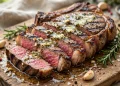 Grilled ribeye steak sliced on a board with melted garlic herb butter