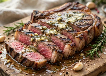 Grilled ribeye steak sliced on a board with melted garlic herb butter