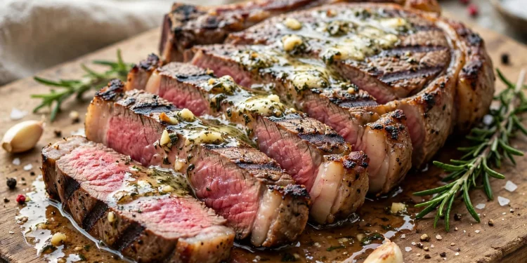 Grilled ribeye steak sliced on a board with melted garlic herb butter