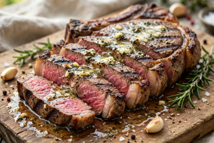 Grilled ribeye steak sliced on a board with melted garlic herb butter