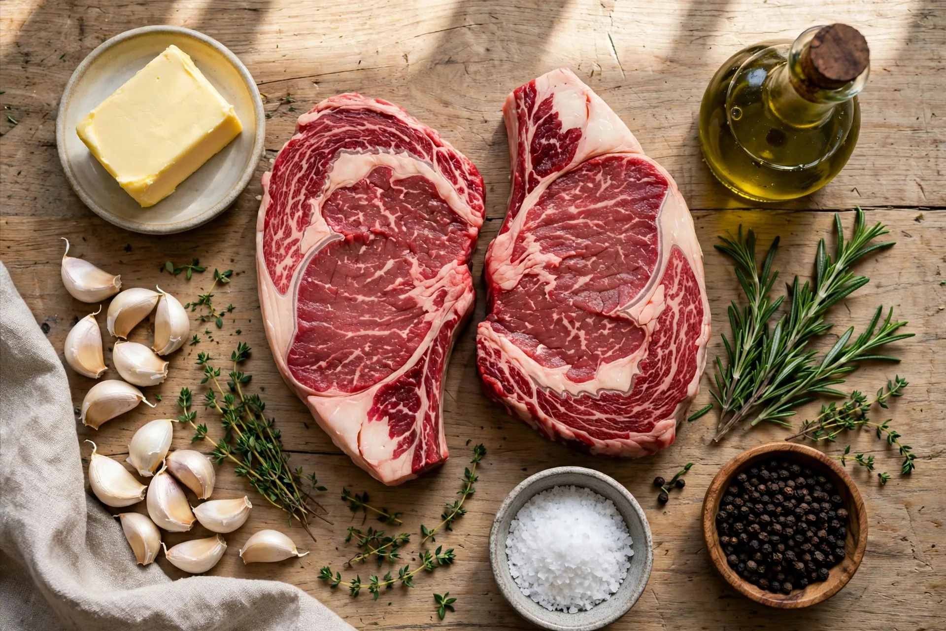 Raw ribeye steaks and garlic butter ingredients laid out on a wooden table
