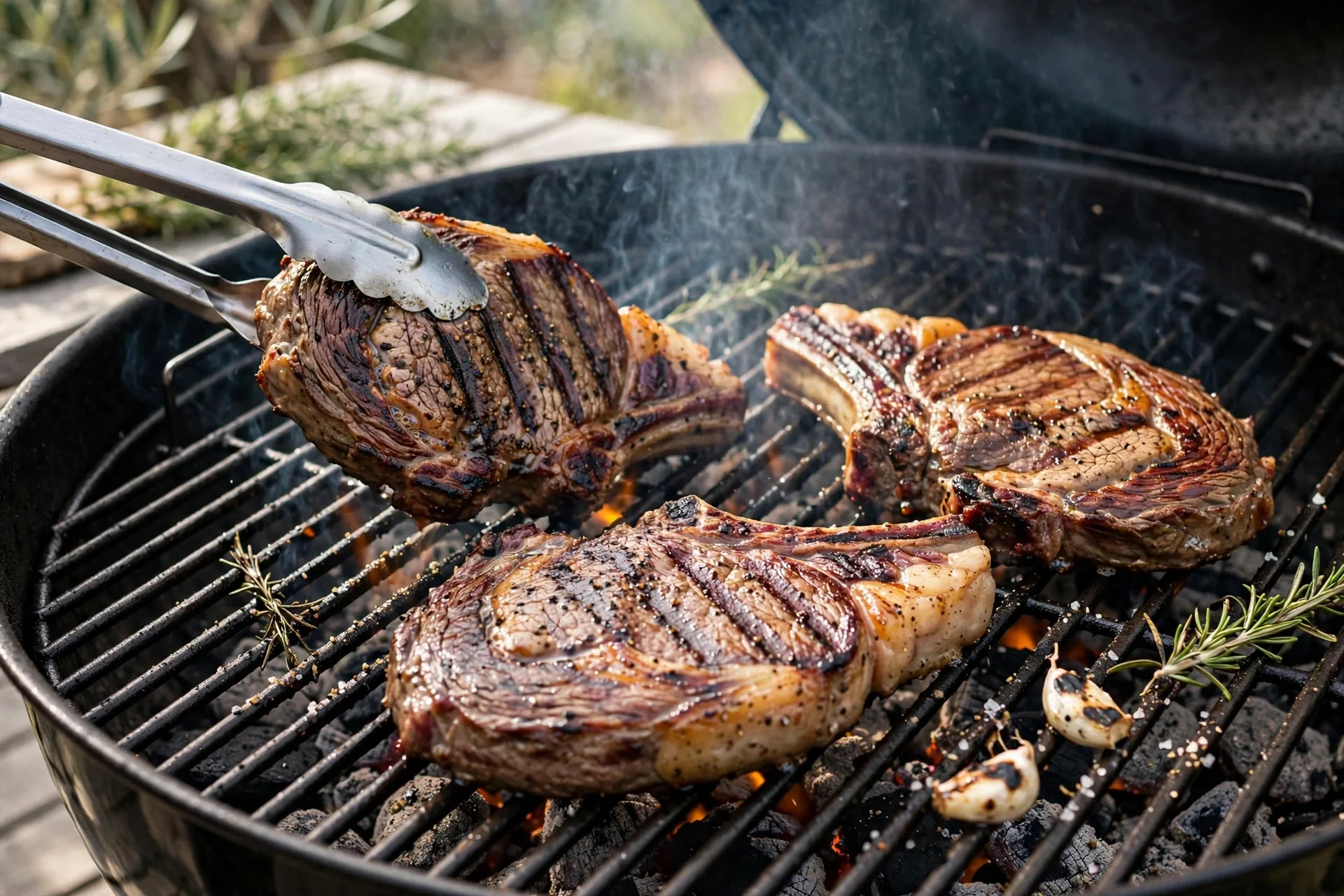 Ribeye steaks searing on a hot grill with tongs flipping one