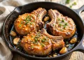Honey garlic glazed pork chops in a skillet with fresh parsley