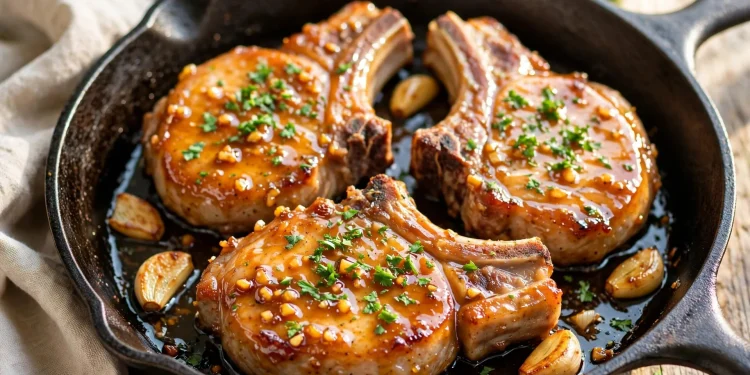 Honey garlic glazed pork chops in a skillet with fresh parsley