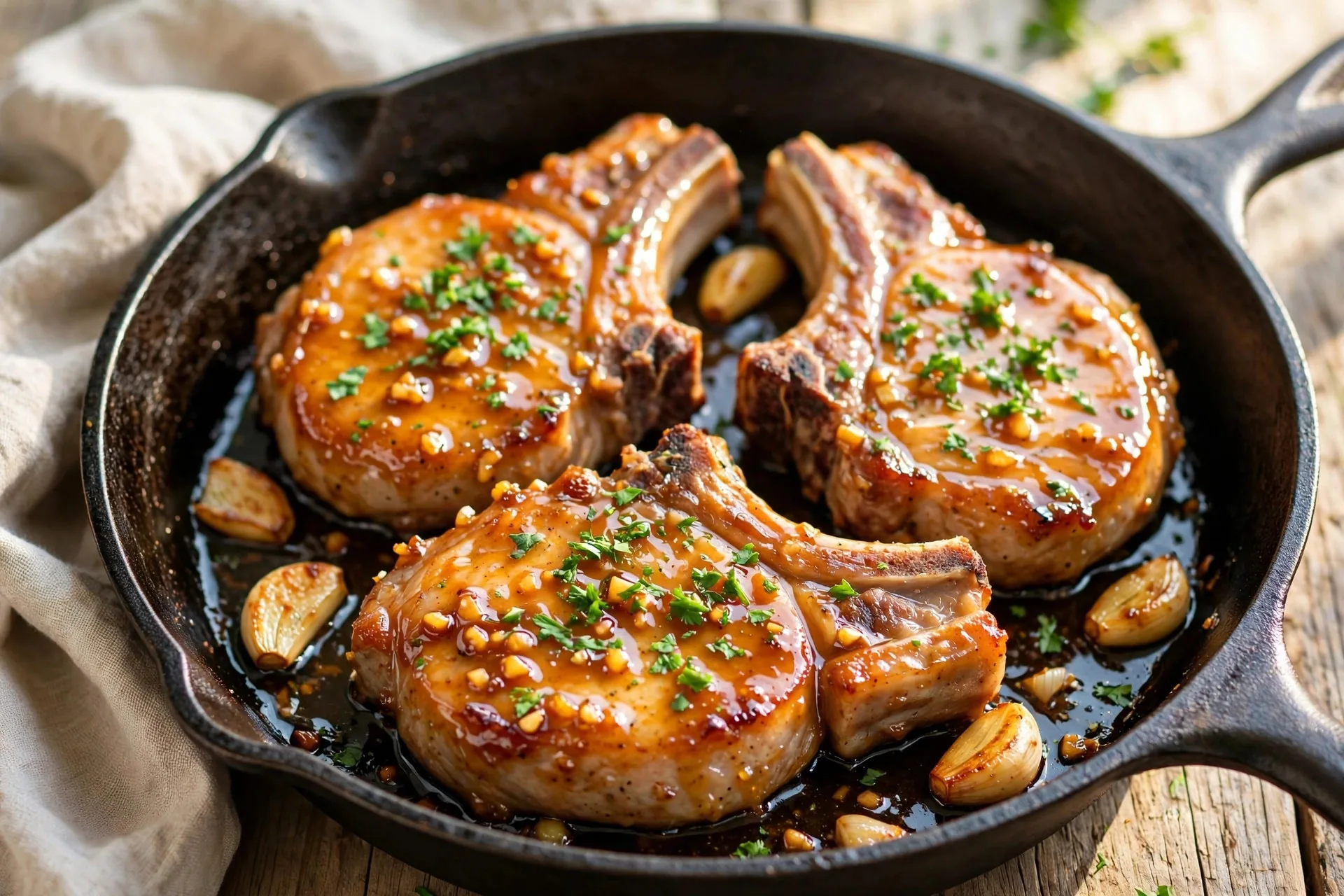 Honey garlic glazed pork chops in a skillet with fresh parsley