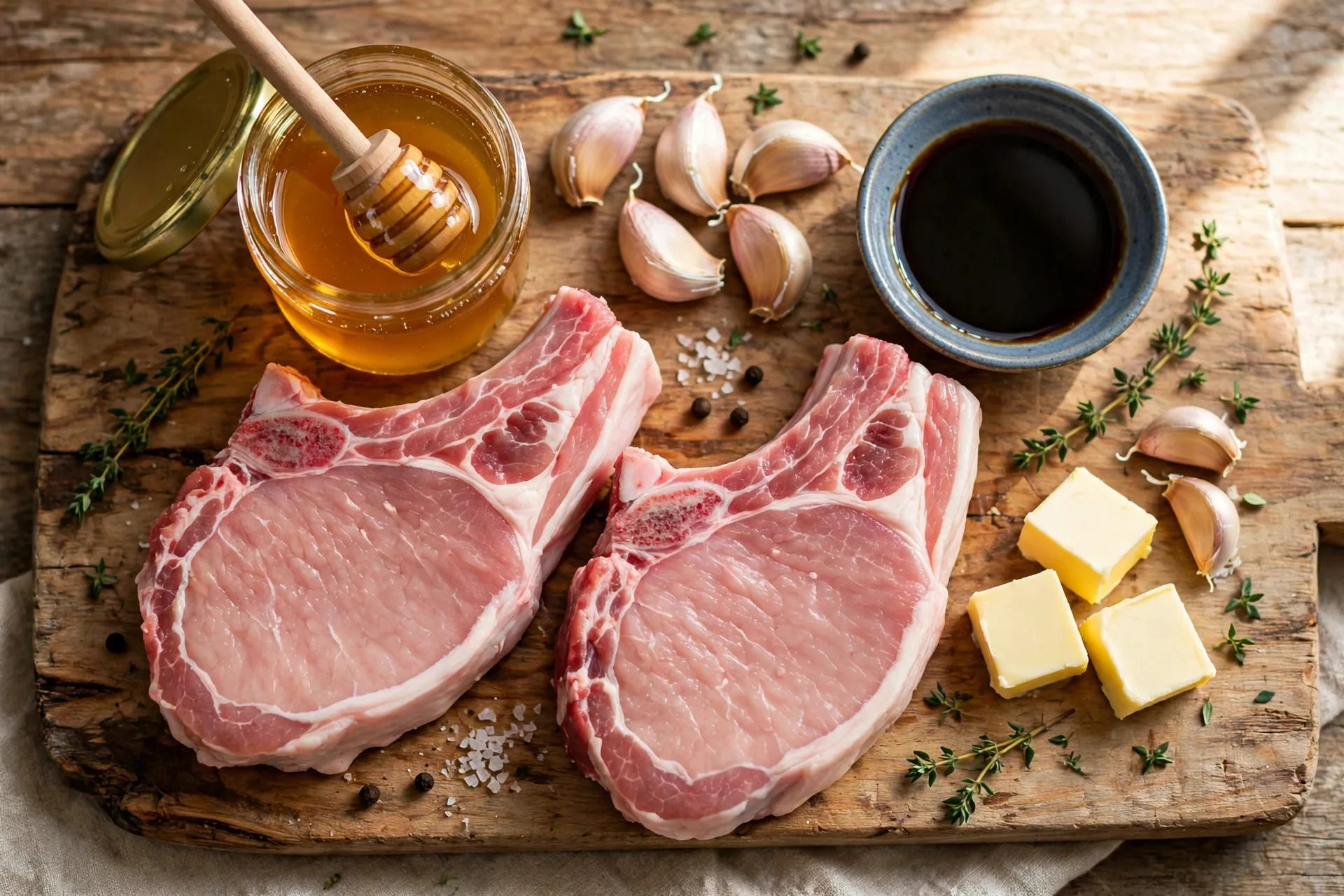 Ingredients for honey garlic pork chops: raw bone-in pork chops, honey, garlic, soy sauce and butter