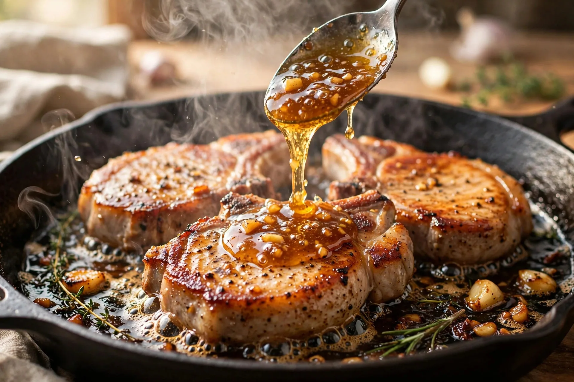 Pork chops searing in a cast iron skillet with bubbling honey garlic glaze