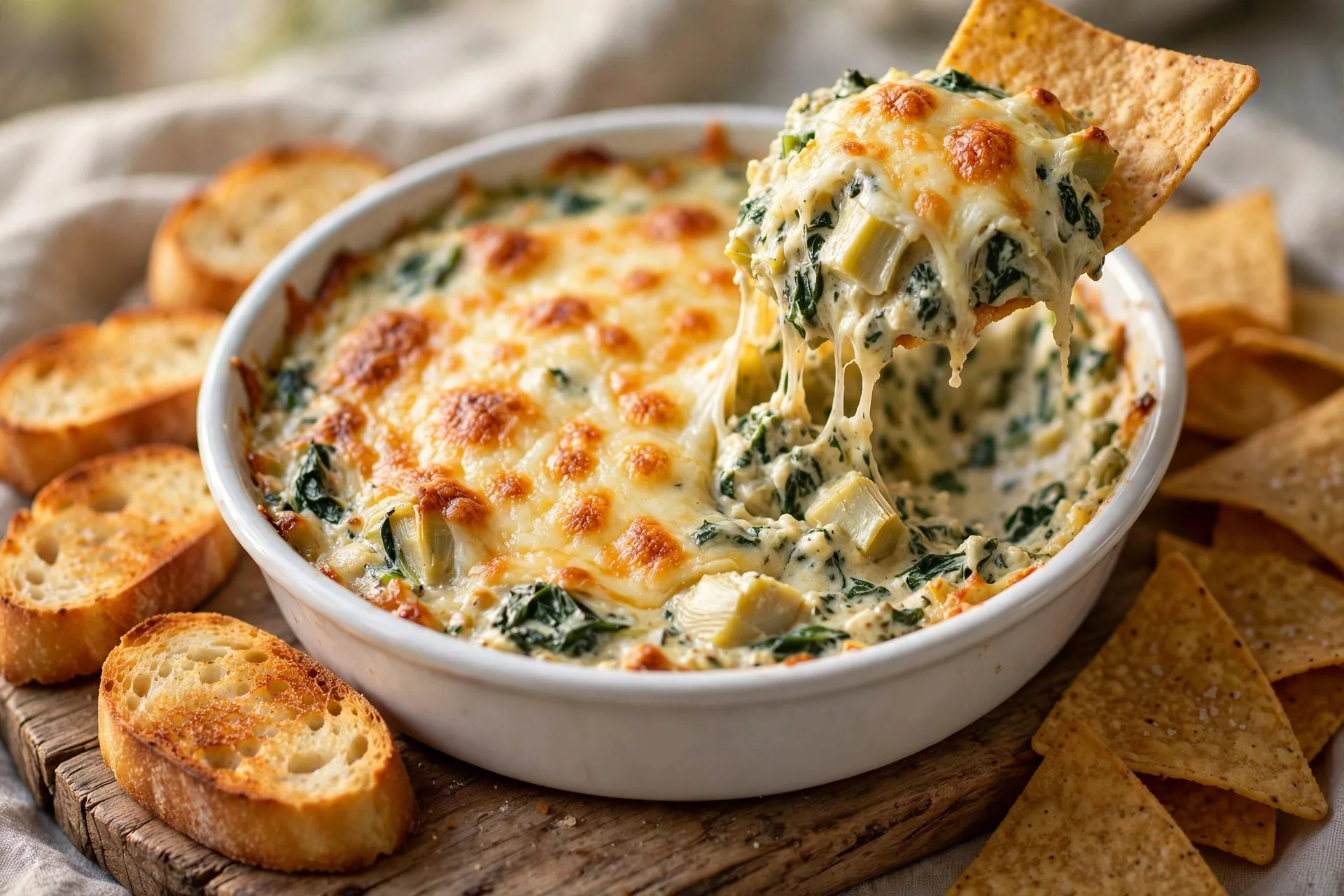 Hot spinach artichoke dip in a white baking dish with a golden cheese top and tortilla chips