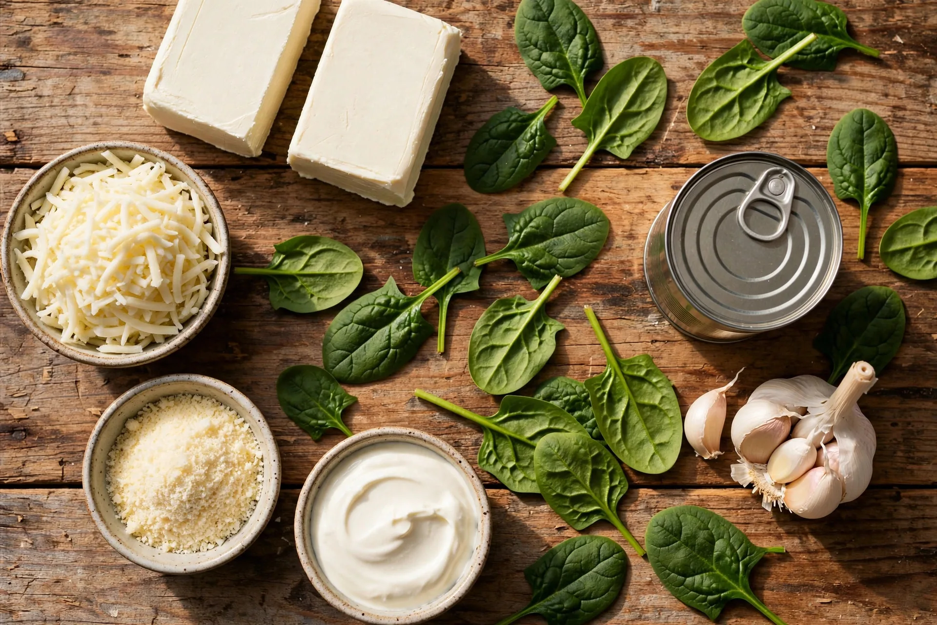 Flat lay of spinach artichoke dip ingredients on a rustic surface
