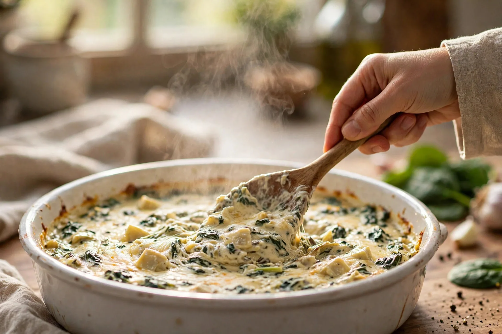 Stirring hot bubbly spinach artichoke dip in a baking dish