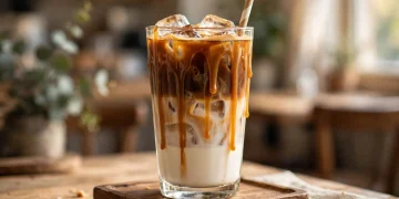 Tall glass of homemade iced caramel macchiato with layered milk and espresso, caramel drizzle, and a straw