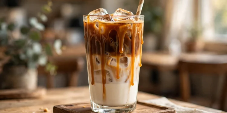 Tall glass of homemade iced caramel macchiato with layered milk and espresso, caramel drizzle, and a straw