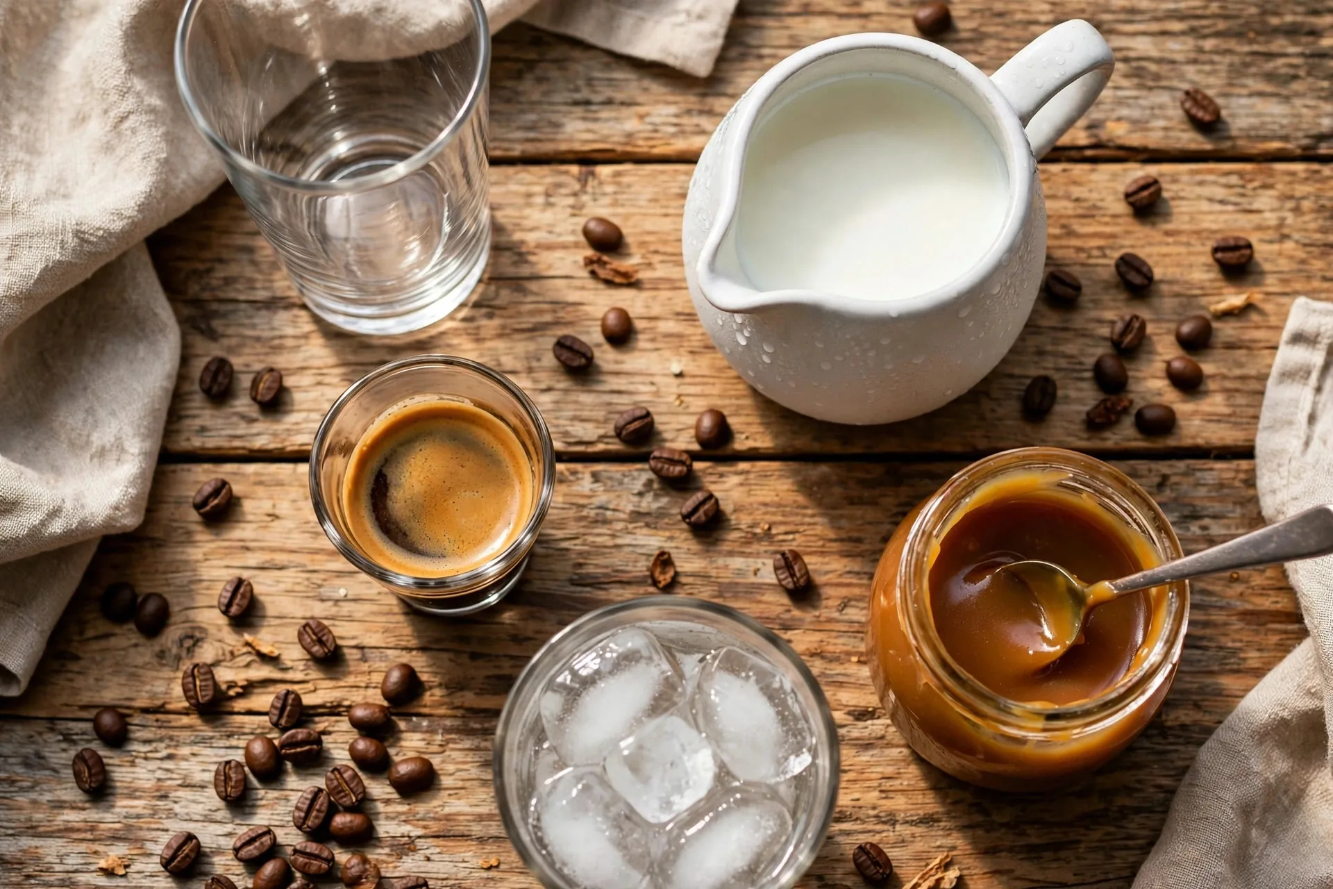 Flat lay of iced caramel macchiato ingredients on a rustic wooden table