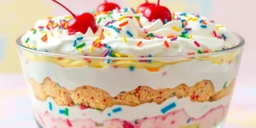 A delightful trifle in a glass bowl with whipped cream, colorful sprinkles, cherries on top, and layers of vanilla pudding, cake, pink cream, and funfetti for a festive touch.