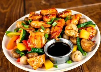 A plate of glazed hibachi chicken recipe pieces with mixed vegetables, including bell peppers, mushrooms, green beans, and yellow squash, garnished with chopped green onions and served with a small cup of soy sauce.