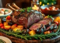 A roasted rack of beef, sliced to reveal a juicy pink center, is served on a wooden platter with roasted potatoes, cherry tomatoes, mushrooms, and rosemary—perfect inspiration for your next venison roast recipe at a festive dinner table.
