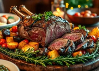 A roasted rack of beef, sliced to reveal a juicy pink center, is served on a wooden platter with roasted potatoes, cherry tomatoes, mushrooms, and rosemary—perfect inspiration for your next venison roast recipe at a festive dinner table.