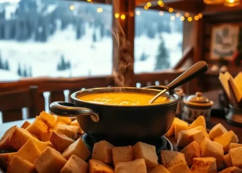 A pot of steaming cheese fondue made from an authentic Swiss fondue recipe, with pieces of bread arranged around it, set on a wooden table in a cozy cabin and snowy mountains visible through the window in the background.