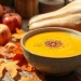 A bowl of creamy Apple Butternut Squash Soup is topped with spices and surrounded by autumn leaves, apples, and a butternut squash on a rustic wooden table, creating a cozy fall atmosphere.
