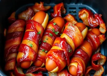 Air fryer hot dogs wrapped in crispy bacon, topped with ketchup and sprinkled with chopped herbs, arranged perfectly in the basket for a tasty twist on a classic favorite.