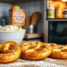 Freshly baked pretzels sprinkled with salt rest on a floured wooden surface, made just like the classic Auntie Anne's recipe, with baking ingredients, a rolling pin, and dough in the background of a cozy kitchen setting.